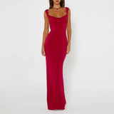 Women Backless Bodycon Spring Scoop Neck Bow Tie Open Back Party Cocktail Maxi Dress