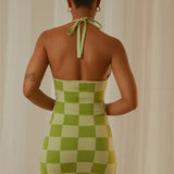 Sleeveless Checkerboard Print Backless Party Club Streetwear Mini Dress
