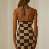 Sleeveless Checkerboard Print Backless Party Club Streetwear Mini Dress