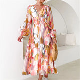 Spring Print V-Neck Long Sleeve A-line Fashion Holiday Boho Dress