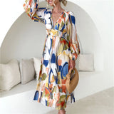 Spring Print V-Neck Long Sleeve A-line Fashion Holiday Boho Dress