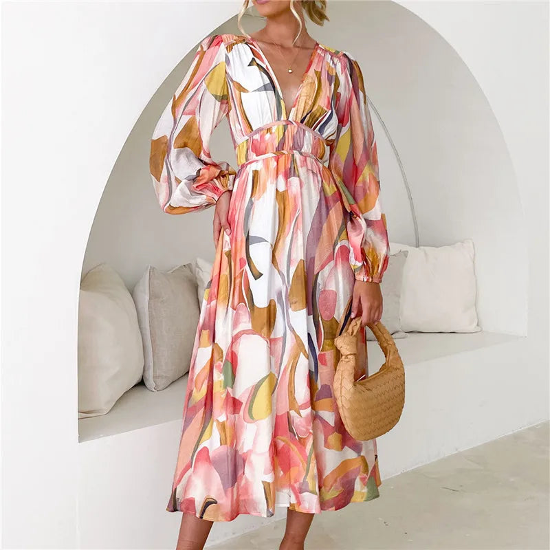 Spring Print V-Neck Long Sleeve A-line Fashion Holiday Boho Dress
