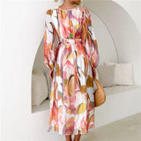 Spring Print V-Neck Long Sleeve A-line Fashion Holiday Boho Dress
