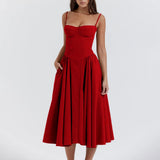 Women Side Pockets Low-Cut Cami Midi Dress