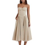 Women Side Pockets Low-Cut Cami Midi Dress