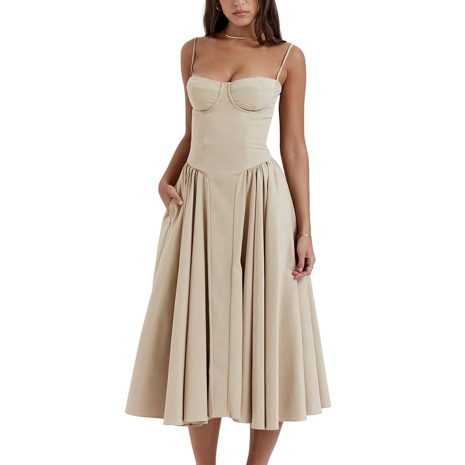 Women Side Pockets Low-Cut Cami Midi Dress