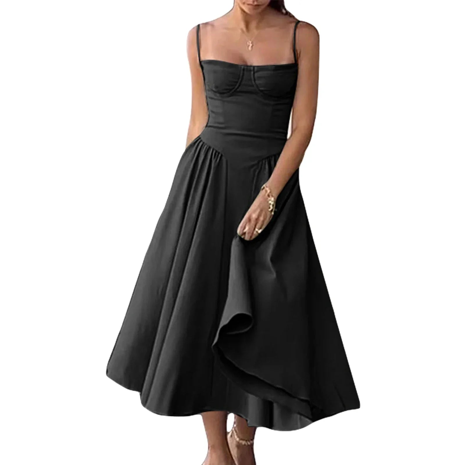 Women Side Pockets Low-Cut Cami Midi Dress