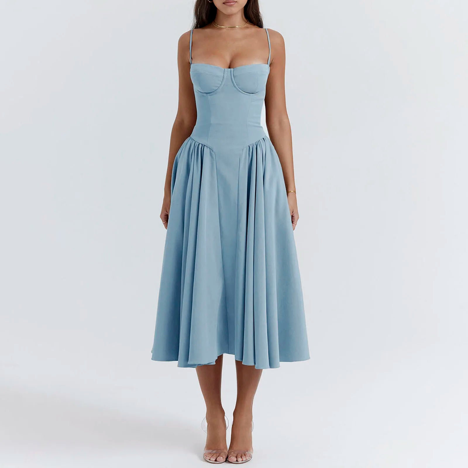 Women Side Pockets Low-Cut Cami Midi Dress
