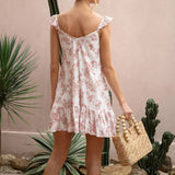 Women Summer Cami Floral Print V-Neck Sleeveless Fashion Ruffles Backless Mini Dress