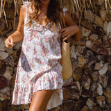 Women Summer Cami Floral Print V-Neck Sleeveless Fashion Ruffles Backless Mini Dress