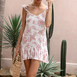 Women Summer Cami Floral Print V-Neck Sleeveless Fashion Ruffles Backless Mini Dress