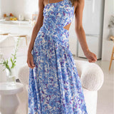 Women Summer Floral Print Spaghetti Strap Cross Tie-Up Backless Slit Maxi Dress