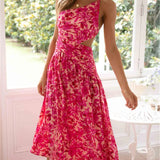 Women Summer Floral Print Spaghetti Strap Cross Tie-Up Backless Slit Maxi Dress