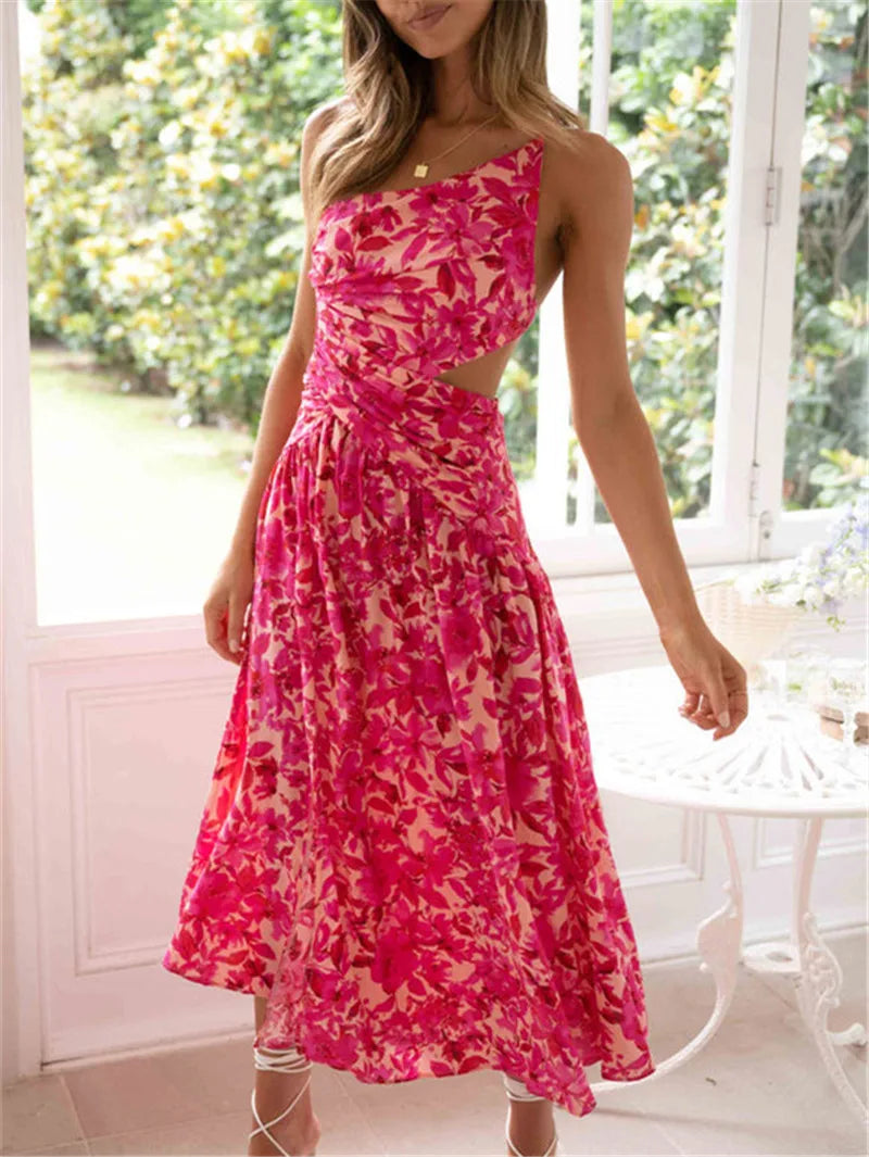 Women Summer Floral Print Spaghetti Strap Cross Tie-Up Backless Slit Maxi Dress