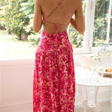 Women Summer Floral Print Spaghetti Strap Cross Tie-Up Backless Slit Maxi Dress