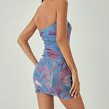 Women Summer Tube Floral Print Off Shoulder Bodycon Short Mini Dress