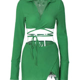 Women Tops Skirt Suit Long Sleeve Lapel Bandage Solid Color Party Mini Dress