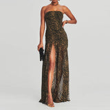 Women Tube Top Dress Strapless Backless Mesh Patchwork Tropical Print High Slit Maxi Dress
