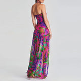 Women Tube Top Dress Strapless Backless Mesh Patchwork Tropical Print High Slit Maxi Dress