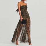 Women Tube Top Dress Strapless Backless Mesh Patchwork Tropical Print High Slit Maxi Dress