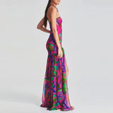 Women Tube Top Dress Strapless Backless Mesh Patchwork Tropical Print High Slit Maxi Dress