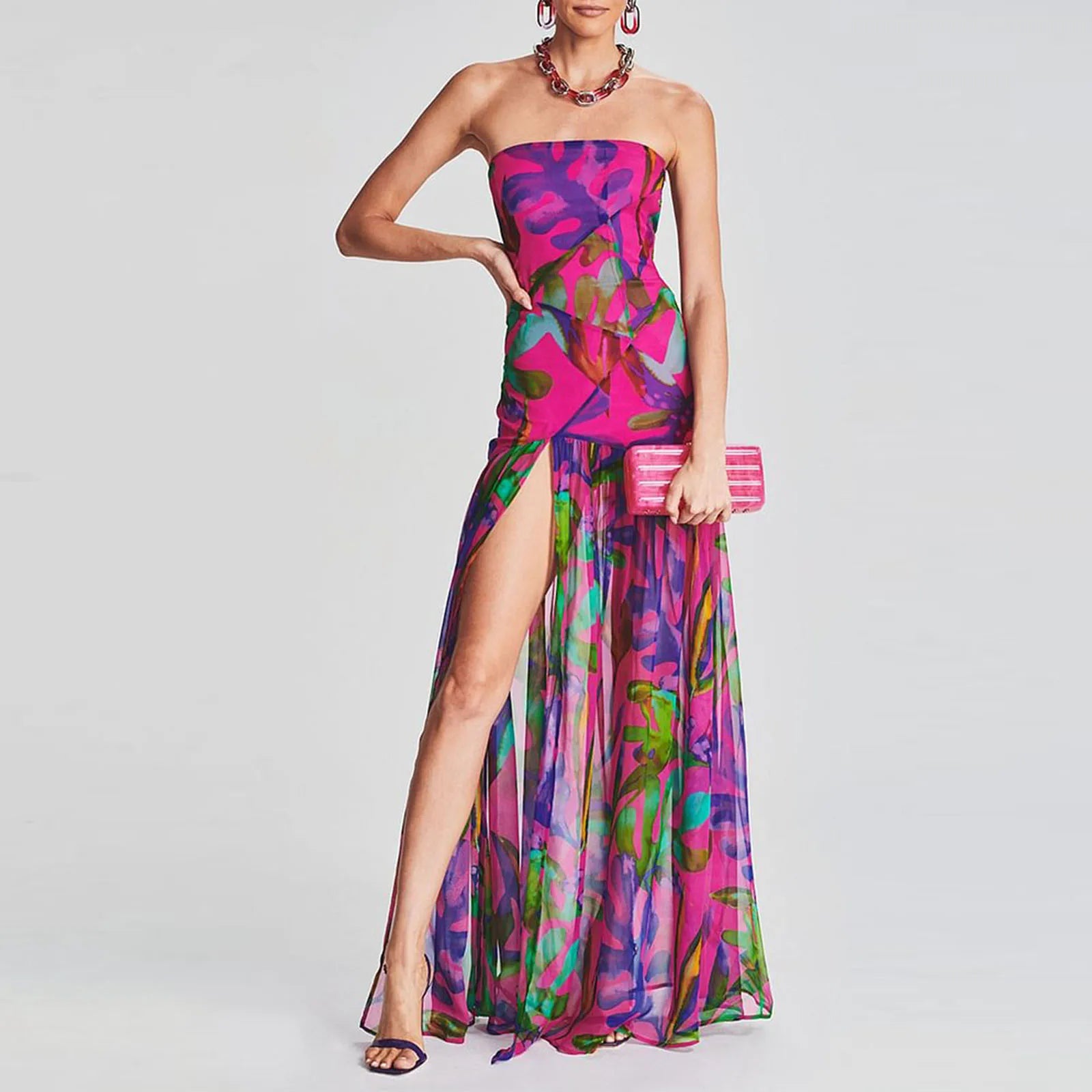 Women Tube Top Dress Strapless Backless Mesh Patchwork Tropical Print High Slit Maxi Dress
