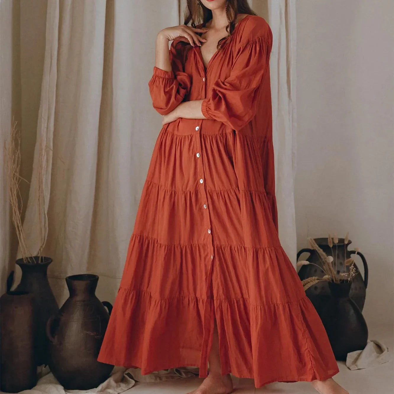 Women Y2k Puff Sleeve Ruffle Pleated Maxi Swing Loose Fit Tiered Beach Wear Midi Dress