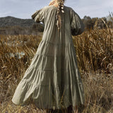 Women Y2k Puff Sleeve Ruffle Pleated Maxi Swing Loose Fit Tiered Beach Wear Midi Dress
