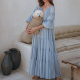 Women Y2k Puff Sleeve Ruffle Pleated Maxi Swing Loose Fit Tiered Beach Wear Midi Dress