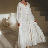 Women Y2k Puff Sleeve Ruffle Pleated Maxi Swing Loose Fit Tiered Beach Wear Midi Dress