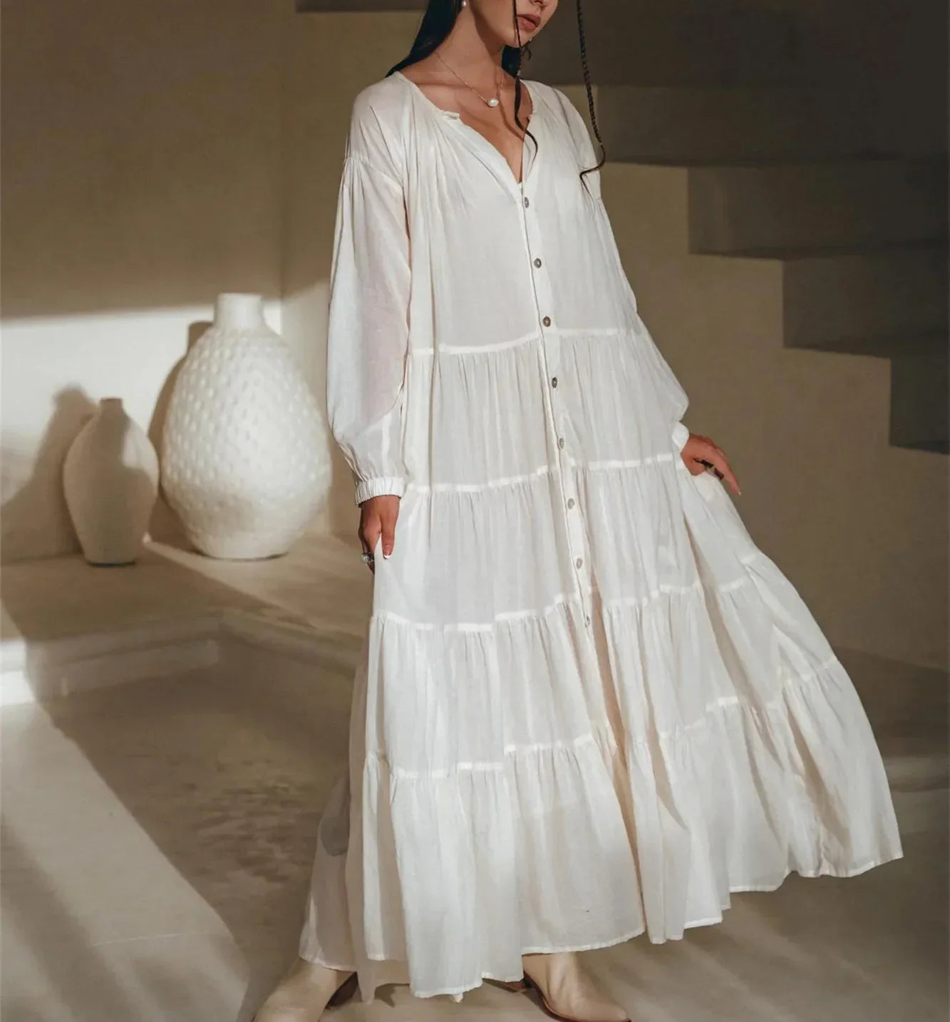 Women Y2k Puff Sleeve Ruffle Pleated Maxi Swing Loose Fit Tiered Beach Wear Midi Dress