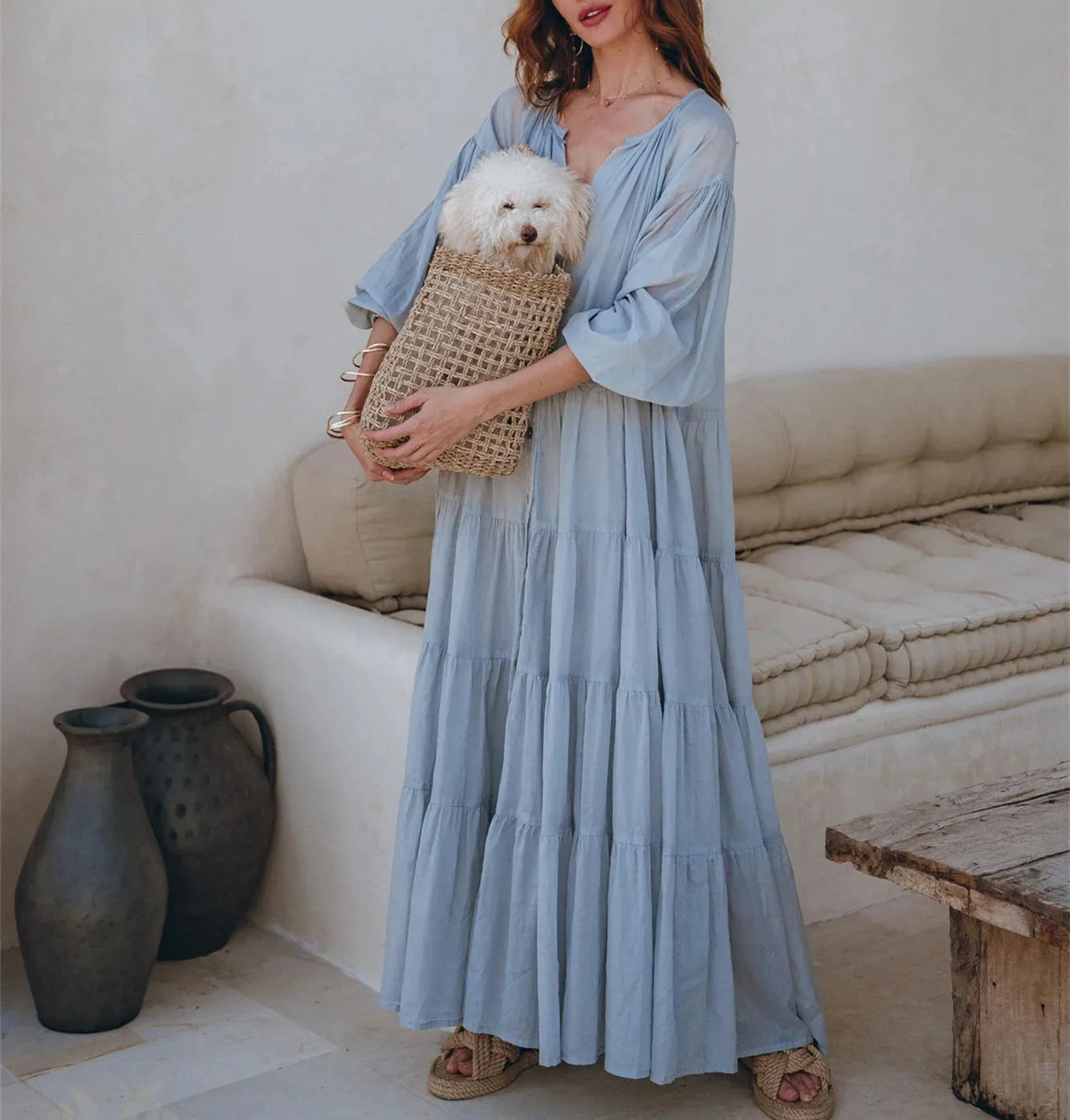 Women Y2k Puff Sleeve Ruffle Pleated Maxi Swing Loose Fit Tiered Beach Wear Midi Dress