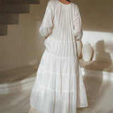 Women Y2k Puff Sleeve Ruffle Pleated Maxi Swing Loose Fit Tiered Beach Wear Midi Dress