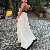 Women Y2k Spaghetti Strap Maxi Patchwork Low Cut Backless Long Ruffle Flowy Beach Sundress Midi Dress