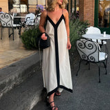 Women Y2k Spaghetti Strap Maxi Patchwork Low Cut Backless Long Ruffle Flowy Beach Sundress Midi Dress
