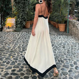 Women Y2k Spaghetti Strap Maxi Patchwork Low Cut Backless Long Ruffle Flowy Beach Sundress Midi Dress