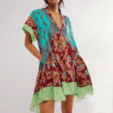 V-Neck Puff Sleeve Mini Women's 2025 Summer Causal Beach Boho Dress