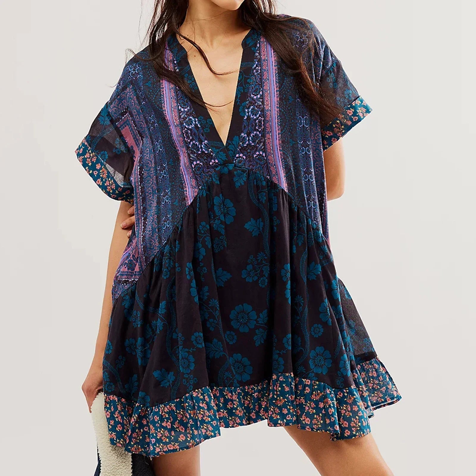 V-Neck Puff Sleeve Mini Women's 2025 Summer Causal Beach Boho Dress