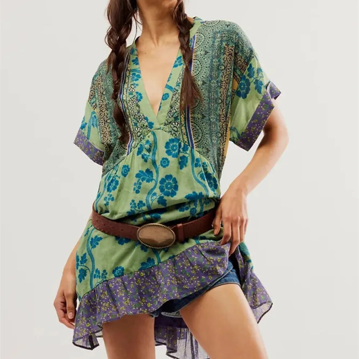 V-Neck Puff Sleeve Mini Women's 2025 Summer Causal Beach Boho Dress