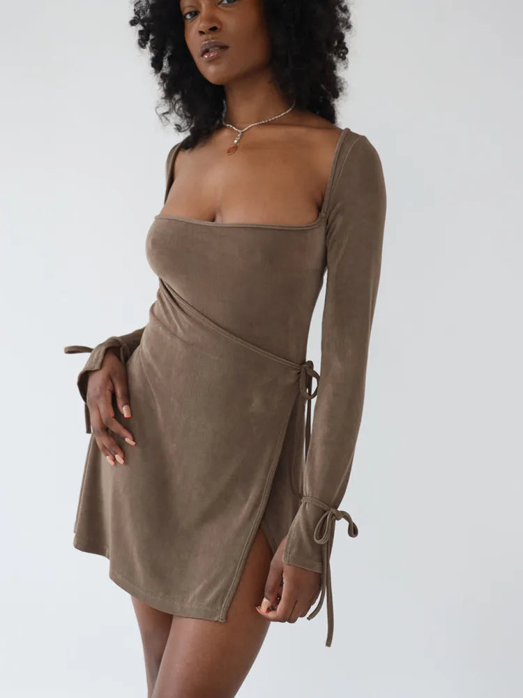 Women's Summer Long Sleeve Square Neck Split Bodycon Backless Maxi Dress