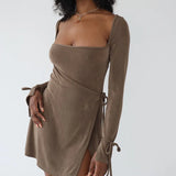 Women's Summer Long Sleeve Square Neck Split Bodycon Backless Maxi Dress