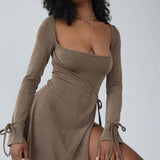 Women's Summer Long Sleeve Square Neck Split Bodycon Backless Maxi Dress