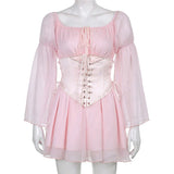 Puff Sleeve Off Shoulder Lace Up Swing Ruffle Mesh Party Body Shaper Bustier Corset Mini Dress