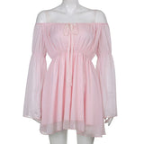 Puff Sleeve Off Shoulder Lace Up Swing Ruffle Mesh Party Body Shaper Bustier Corset Mini Dress