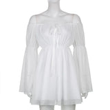 Puff Sleeve Off Shoulder Lace Up Swing Ruffle Mesh Party Body Shaper Bustier Corset Mini Dress