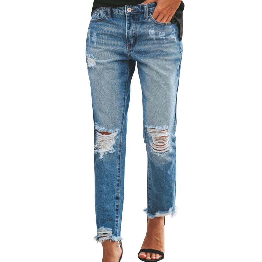 Hole Jeans Women High Waist Long Pants Solid Color Pocket Decor Zipper Button Placket Jeans