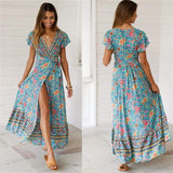 Holiday Long Dress Women's Boho Dresses Lady Boho Floral V-neck Long Maxi Dress Summer Beachwear Sundress