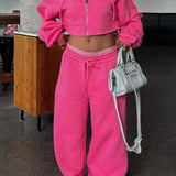 Hooded Zipper Cropped Slim Fit Casual Two Piece Set