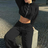 Hooded Zipper Cropped Slim Fit Casual Two Piece Set