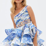 Andrea Floral Printed One-shoulder Mini Chiffon Dress